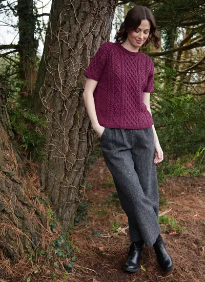 Molly T-Shirt Aran Sweater in Raspberry Marl